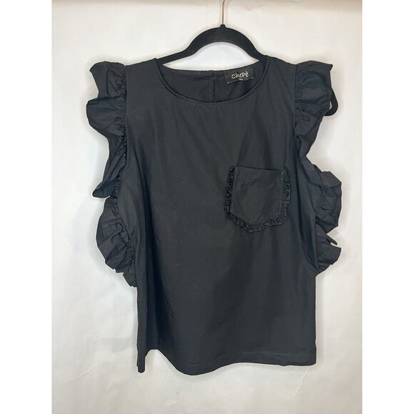 Chepe' Tops - Black Ruffle Cotton Top Womens Medium Flutter Sleeves Romantic Cottagecore Fairy